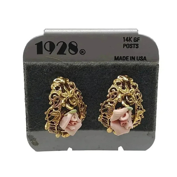 1928 Gold Filigree Hoop Earrings Pink Porcelain Flower Pierced Post - Picture 1 of 5